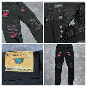 Jeep Jeans Distressed Denim Pants Black Red Button-Fly Cinch Hem W28 L29.5
